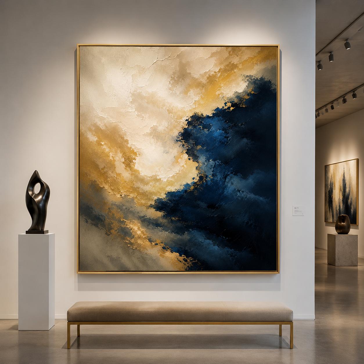 Navy Blue Gold Abstract Painting, Luxury Textured Wall Art, Modern Impasto Canvas, Beige Gold Blue Artwork, Contemporary Home Decor