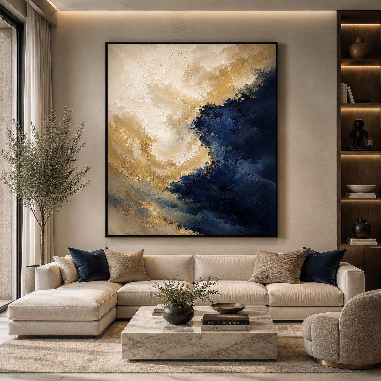 Navy Blue Gold Abstract Painting, Luxury Textured Wall Art, Modern Impasto Canvas, Beige Gold Blue Artwork, Contemporary Home Decor