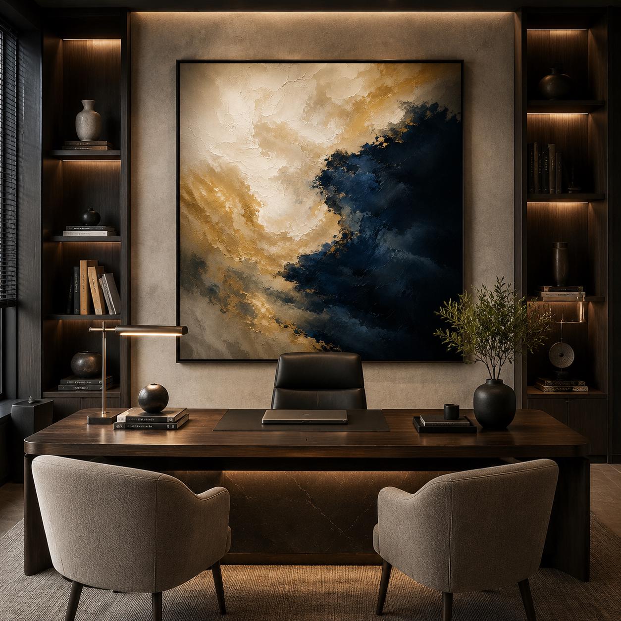Navy Blue Gold Abstract Painting, Luxury Textured Wall Art, Modern Impasto Canvas, Beige Gold Blue Artwork, Contemporary Home Decor