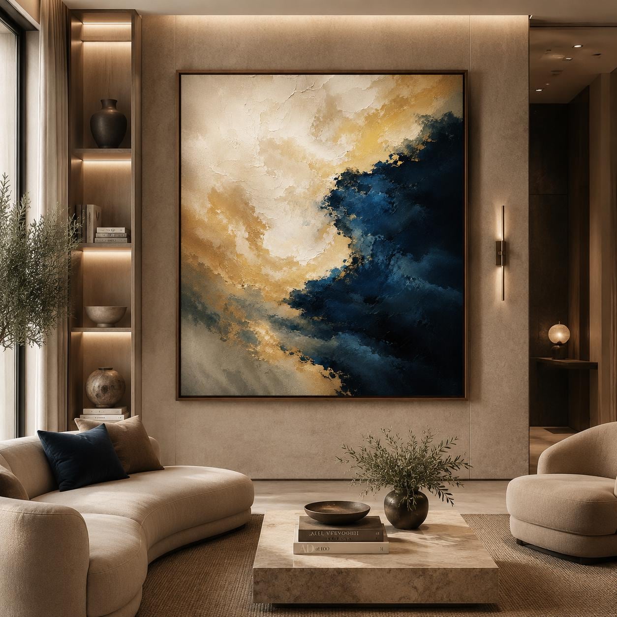 Navy Blue Gold Abstract Painting, Luxury Textured Wall Art, Modern Impasto Canvas, Beige Gold Blue Artwork, Contemporary Home Decor