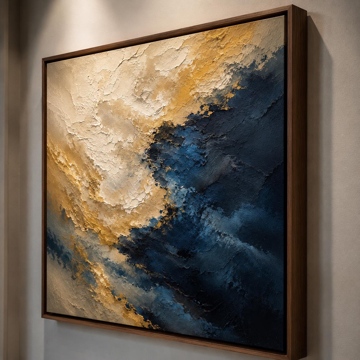 Navy Blue Gold Abstract Painting, Luxury Textured Wall Art, Modern Impasto Canvas, Beige Gold Blue Artwork, Contemporary Home Decor