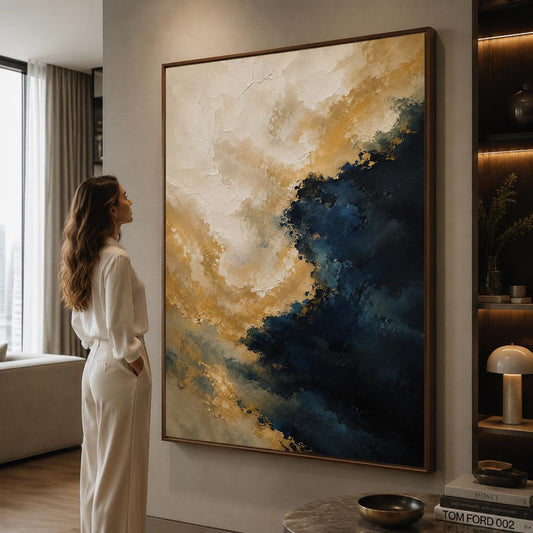 Navy Blue Gold Abstract Painting, Luxury Textured Wall Art, Modern Impasto Canvas, Beige Gold Blue Artwork, Contemporary Home Decor