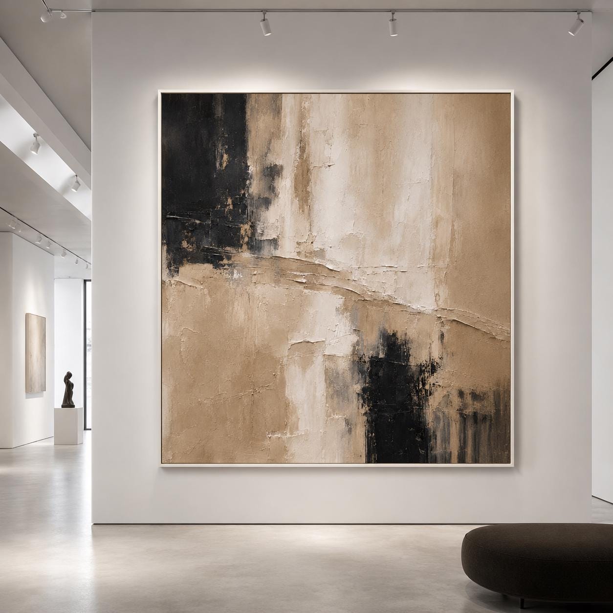 Neutral Beige Black Textured Abstract Painting, Luxury Minimalist Canvas Artwork