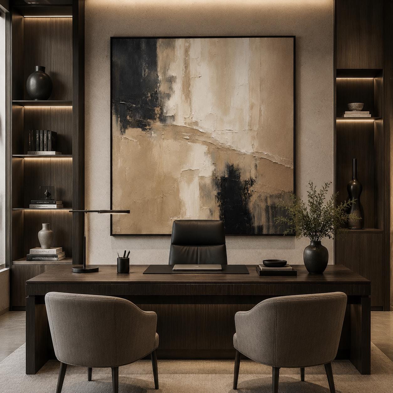 Neutral Beige Black Textured Abstract Painting, Luxury Minimalist Canvas Artwork