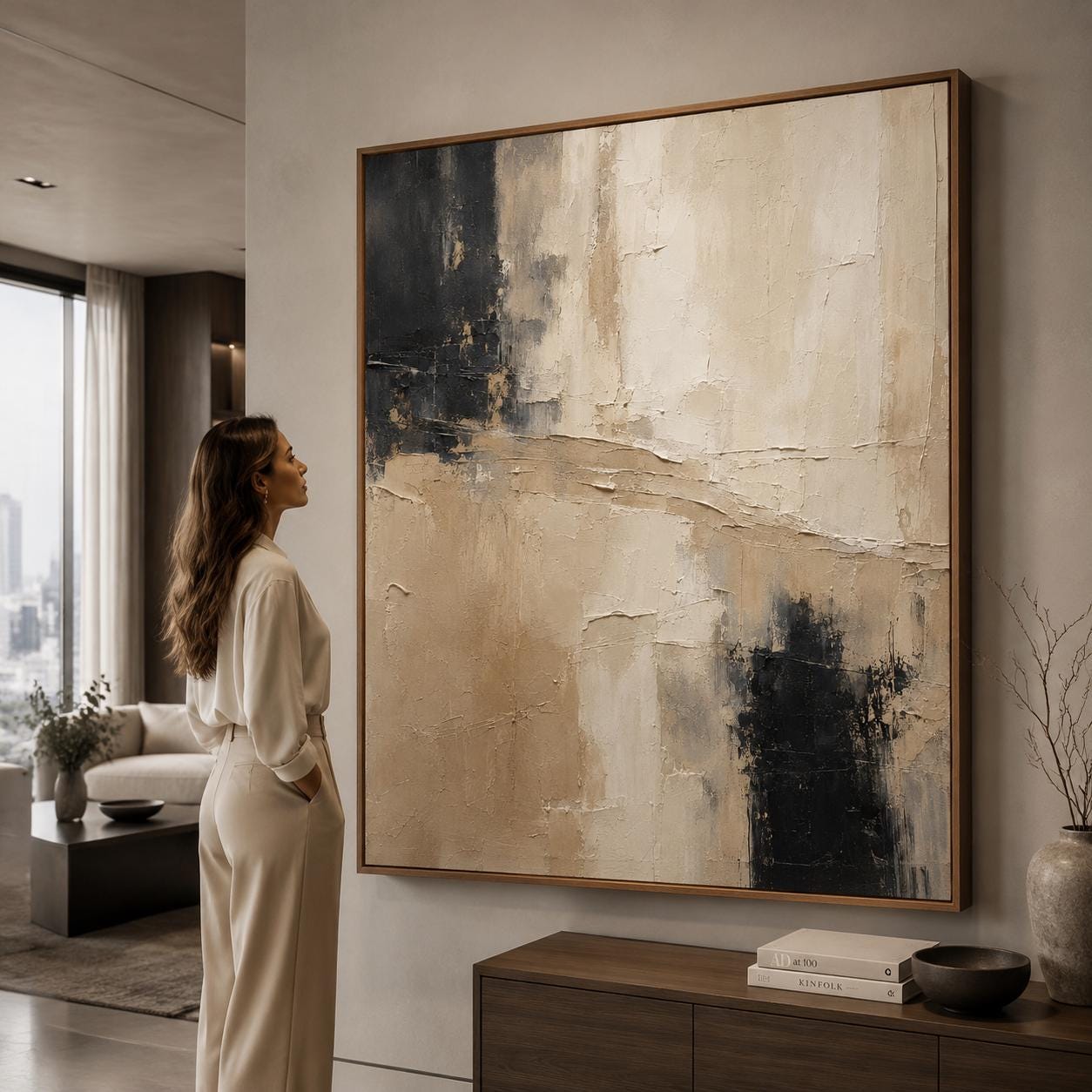 Neutral Beige Black Textured Abstract Painting, Luxury Minimalist Canvas Artwork