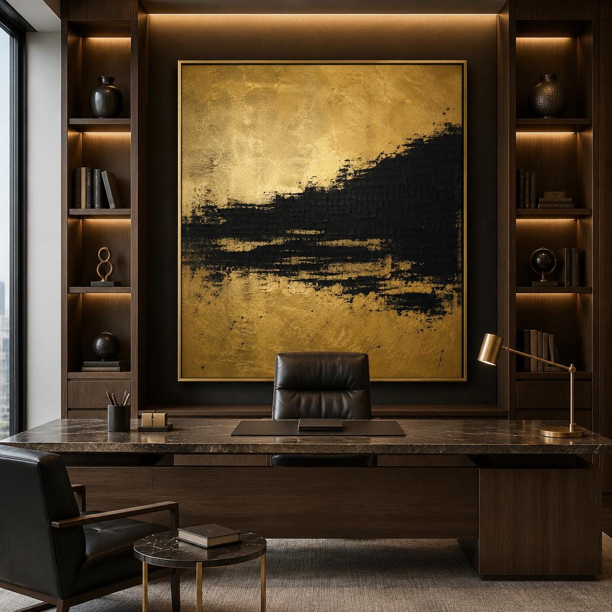 Black Gold Textured Abstract Painting, Luxury Gold Leaf Wall Art