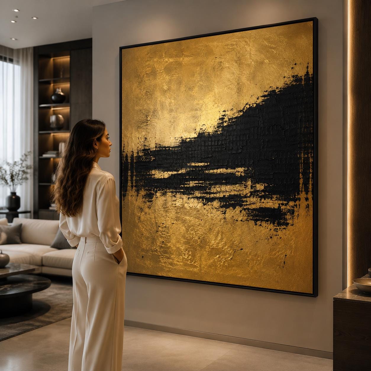 Black Gold Textured Abstract Painting, Luxury Gold Leaf Wall Art