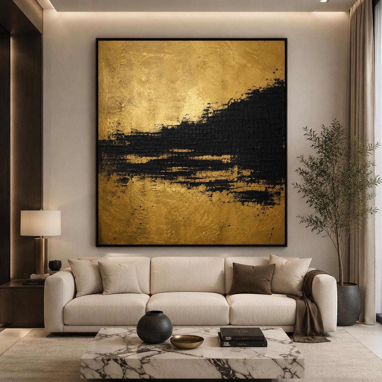 Black Gold Textured Abstract Painting, Luxury Gold Leaf Wall Art