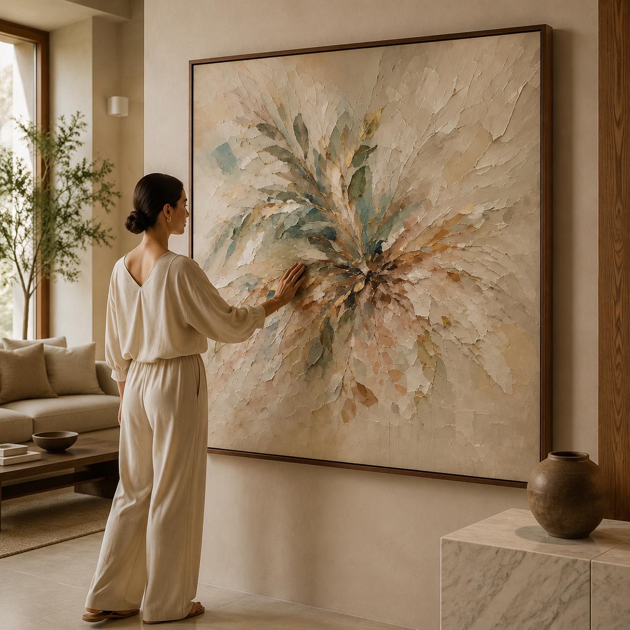 Neutral Abstract Floral Painting, Beige Textured Wall Art, Luxury Impasto Canvas, Organic Modern Artwork, Contemporary Botanical Decor