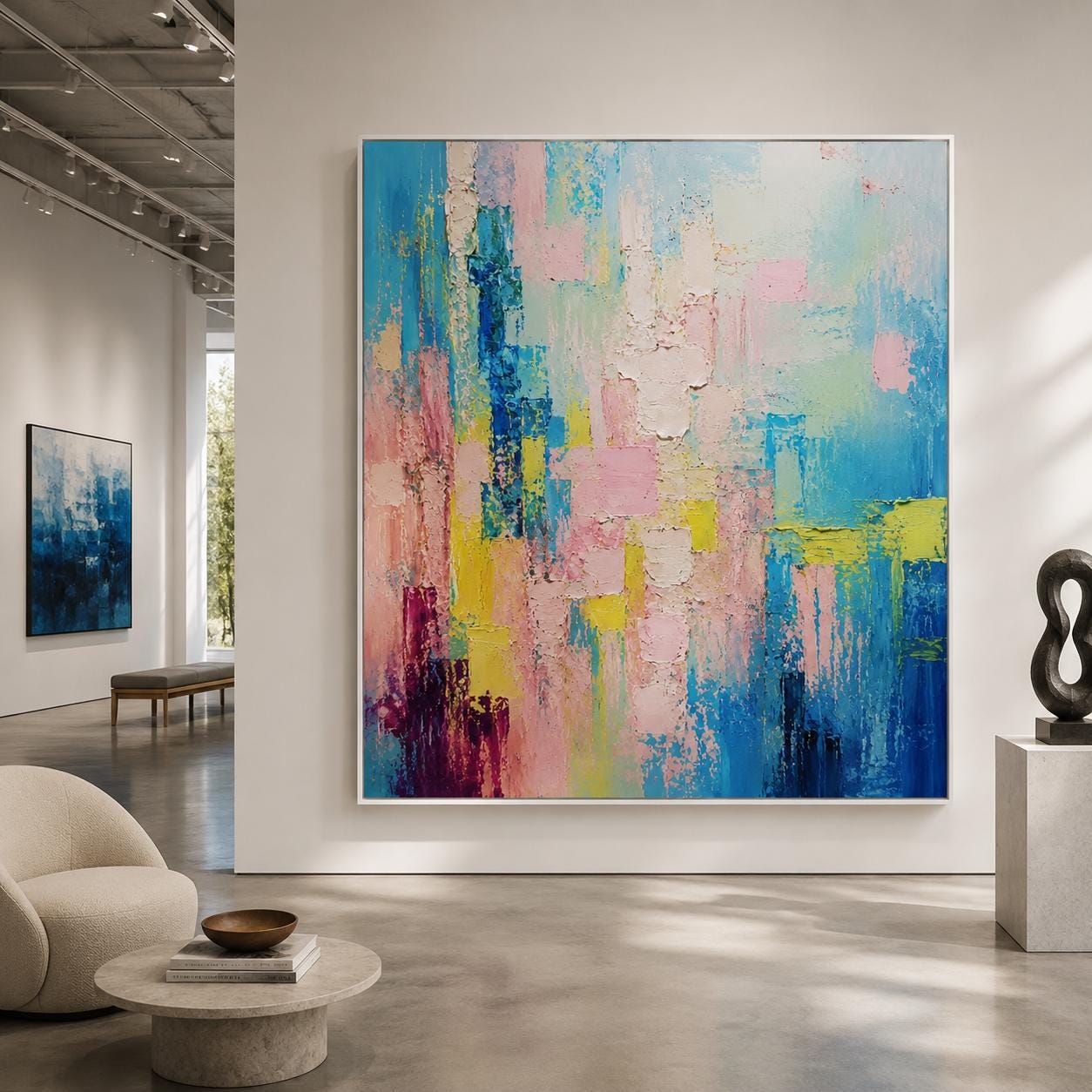 Handmade Textured Abstract Canvas Painting, Pastel Blue Pink Wall Art