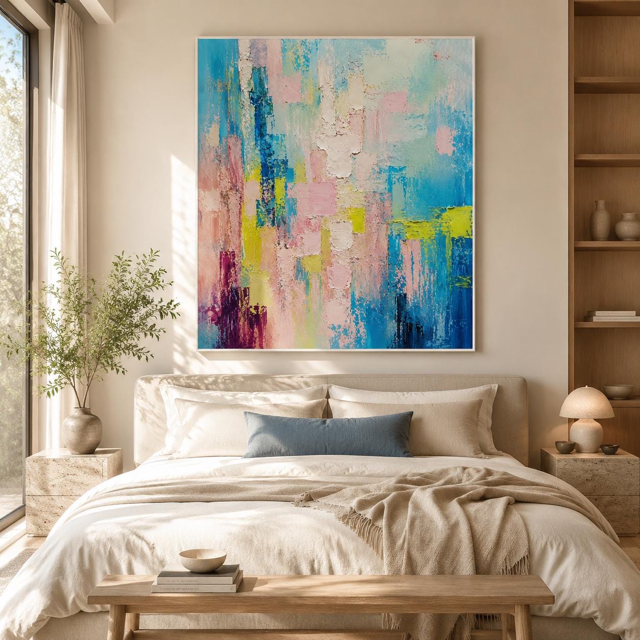 Handmade Textured Abstract Canvas Painting, Pastel Blue Pink Wall Art