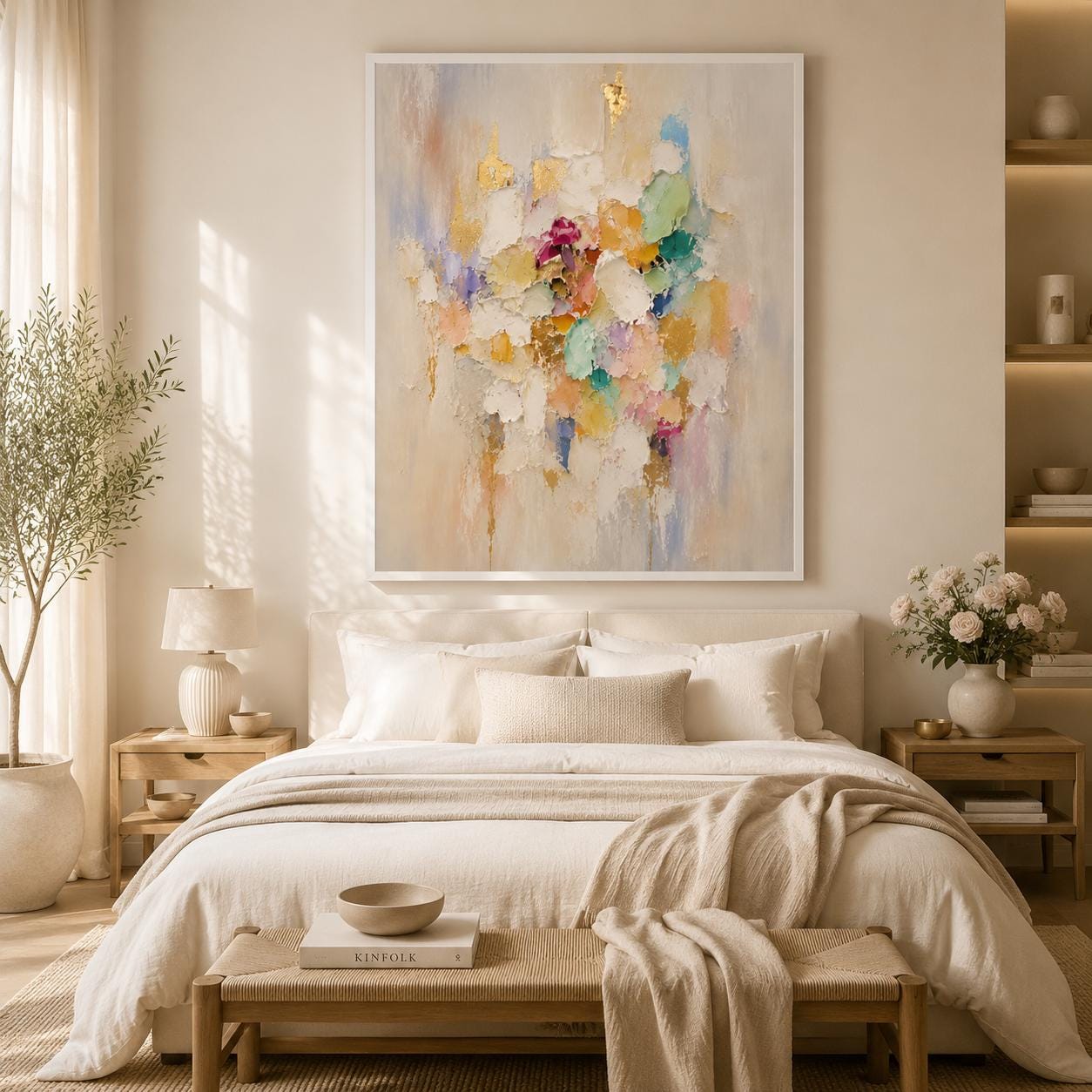 Handmade Pastel Textured Abstract Painting, White Gold Impasto Canvas Artwork