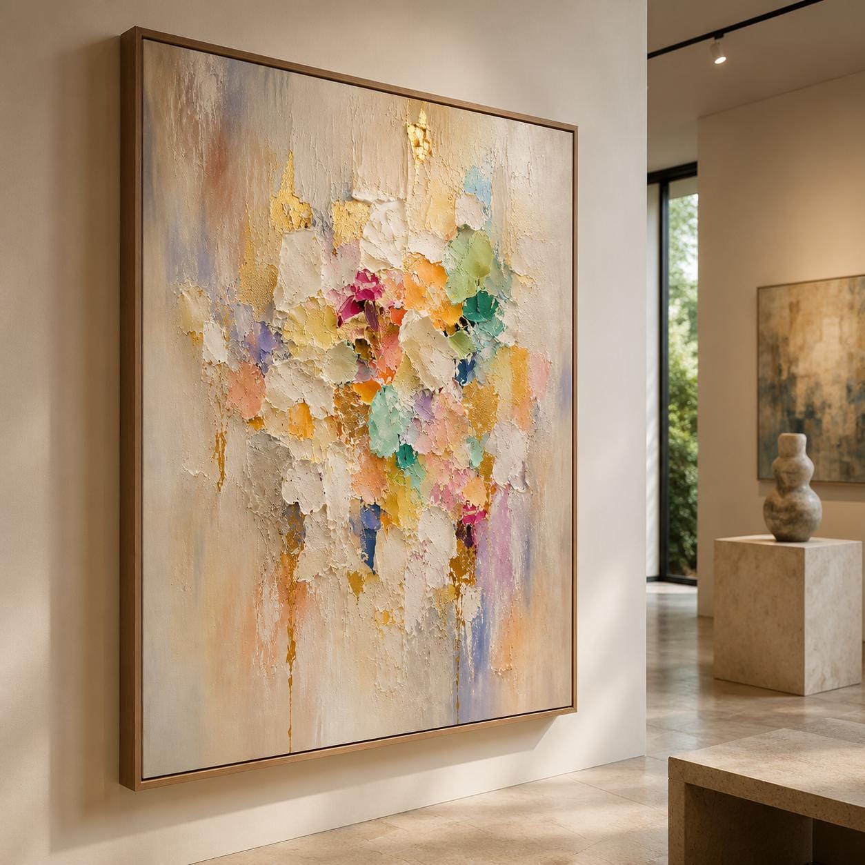 Handmade Pastel Textured Abstract Painting, White Gold Impasto Canvas Artwork