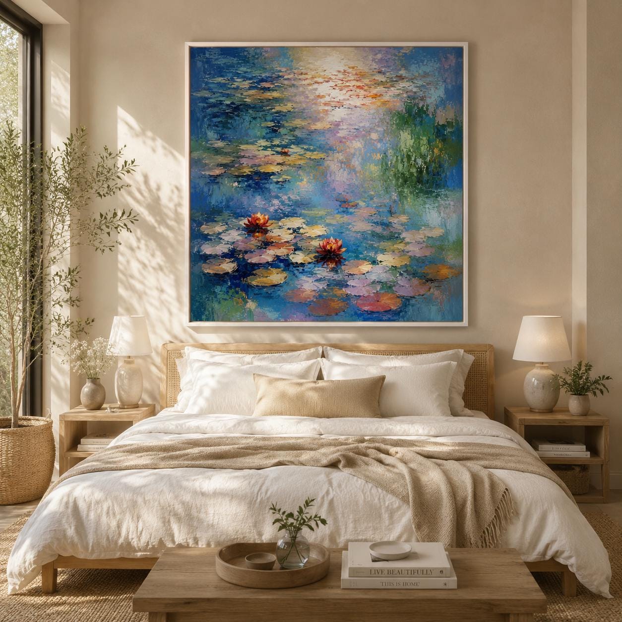 Textured Water Lily Pond Painting, Impressionist Blue Floral Canvas Art