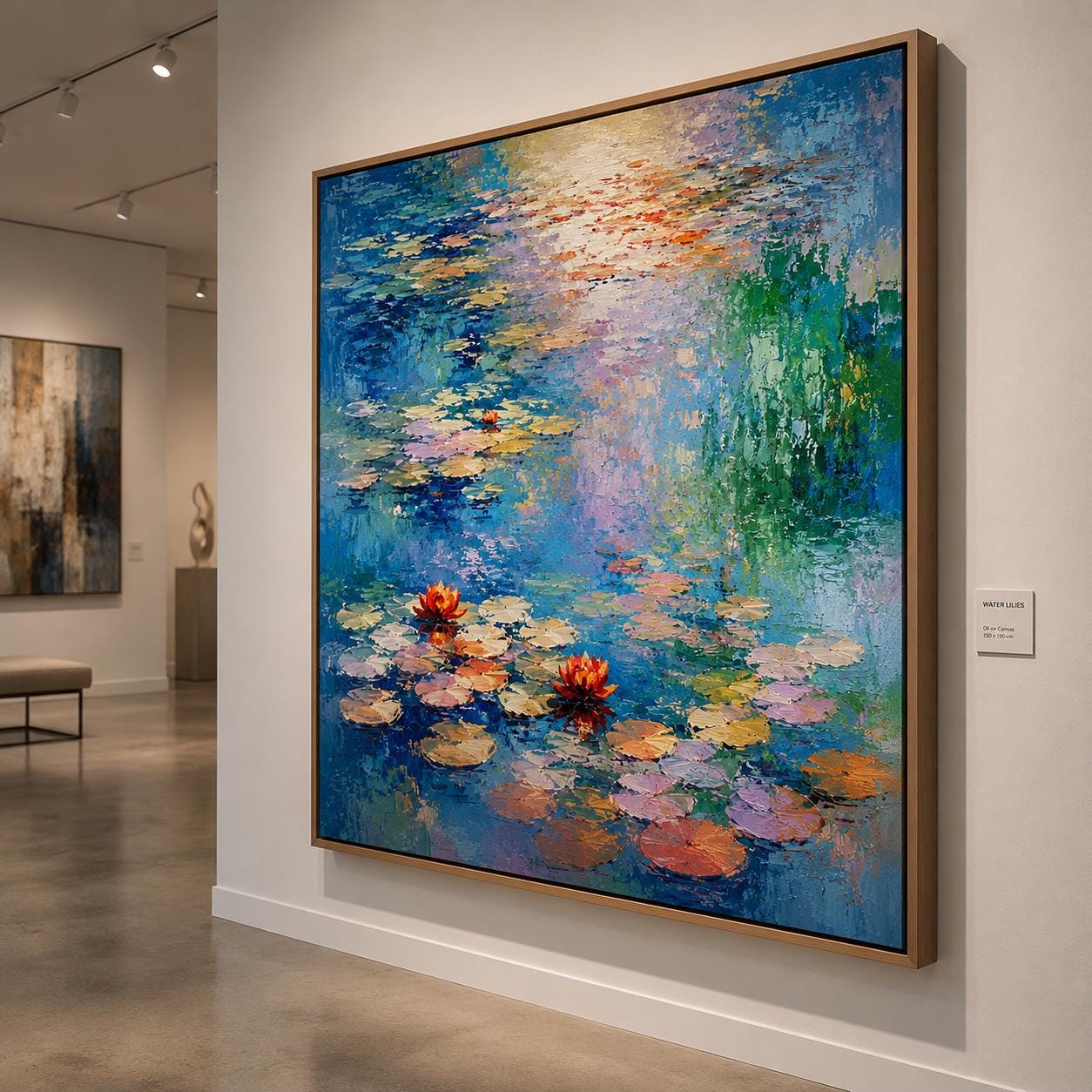Textured Water Lily Pond Painting, Impressionist Blue Floral Canvas Art