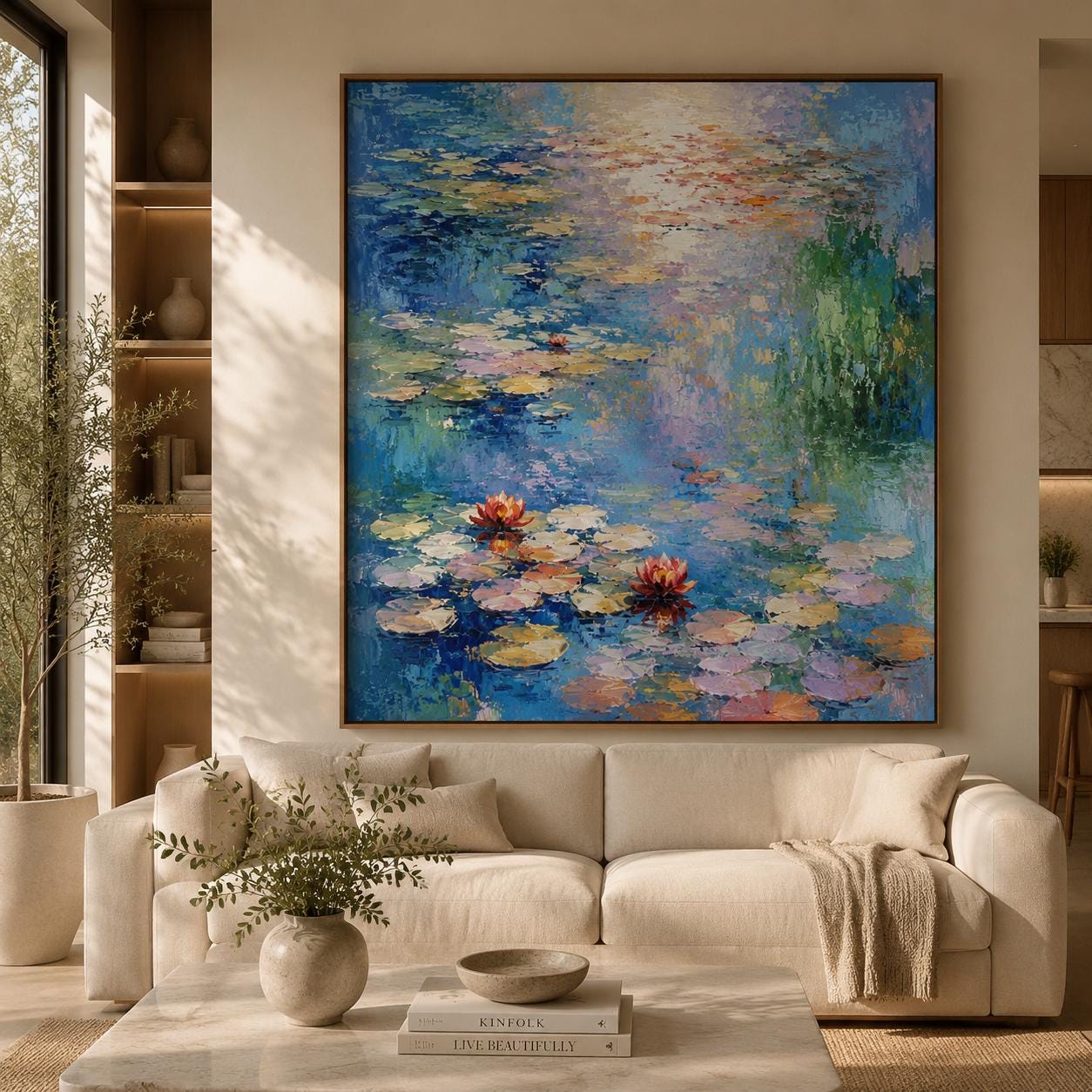 Textured Water Lily Pond Painting, Impressionist Blue Floral Canvas Art