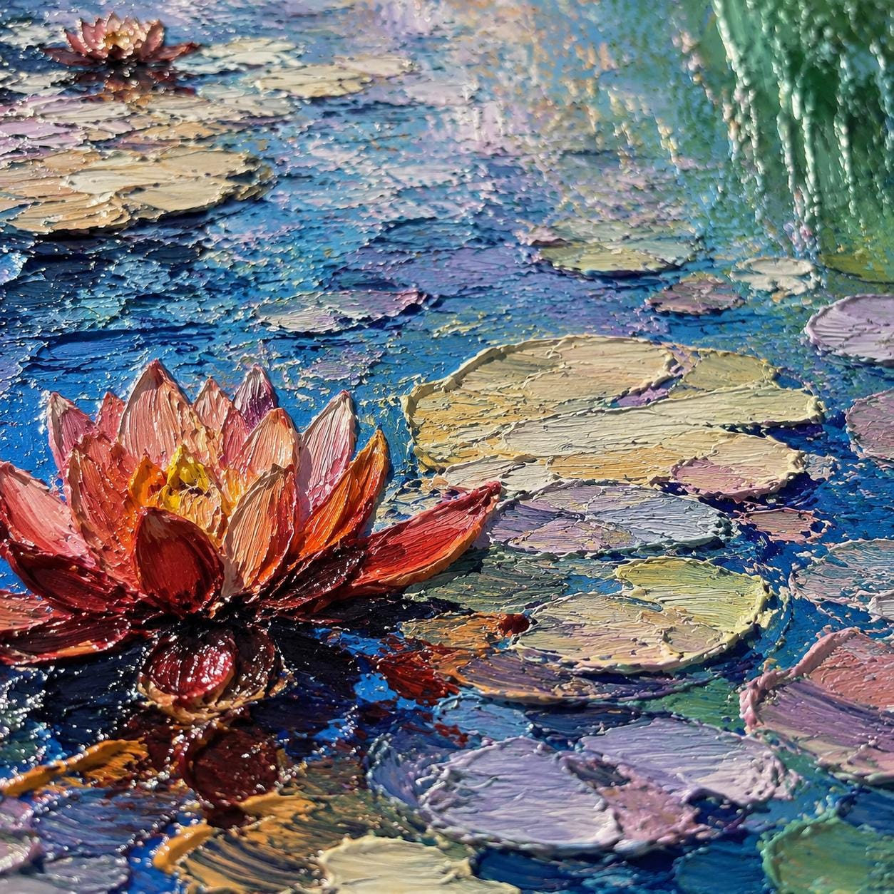Textured Water Lily Pond Painting, Impressionist Blue Floral Canvas Art