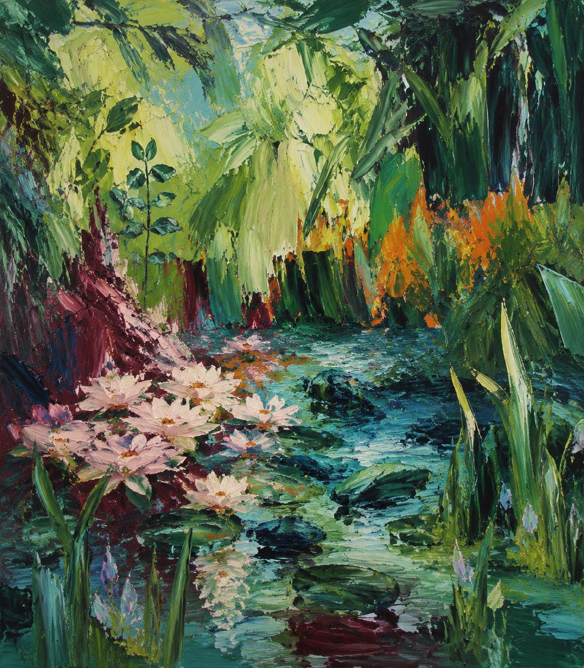 Serene Garden Painting, Emerald Maroon Wall Art, Impressionist Canvas, Living Room Artwork, Bohemian Decor