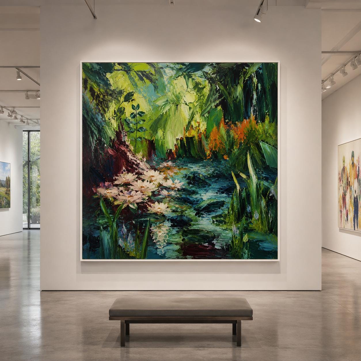 Serene Garden Painting, Emerald Maroon Wall Art, Impressionist Canvas, Living Room Artwork, Bohemian Decor