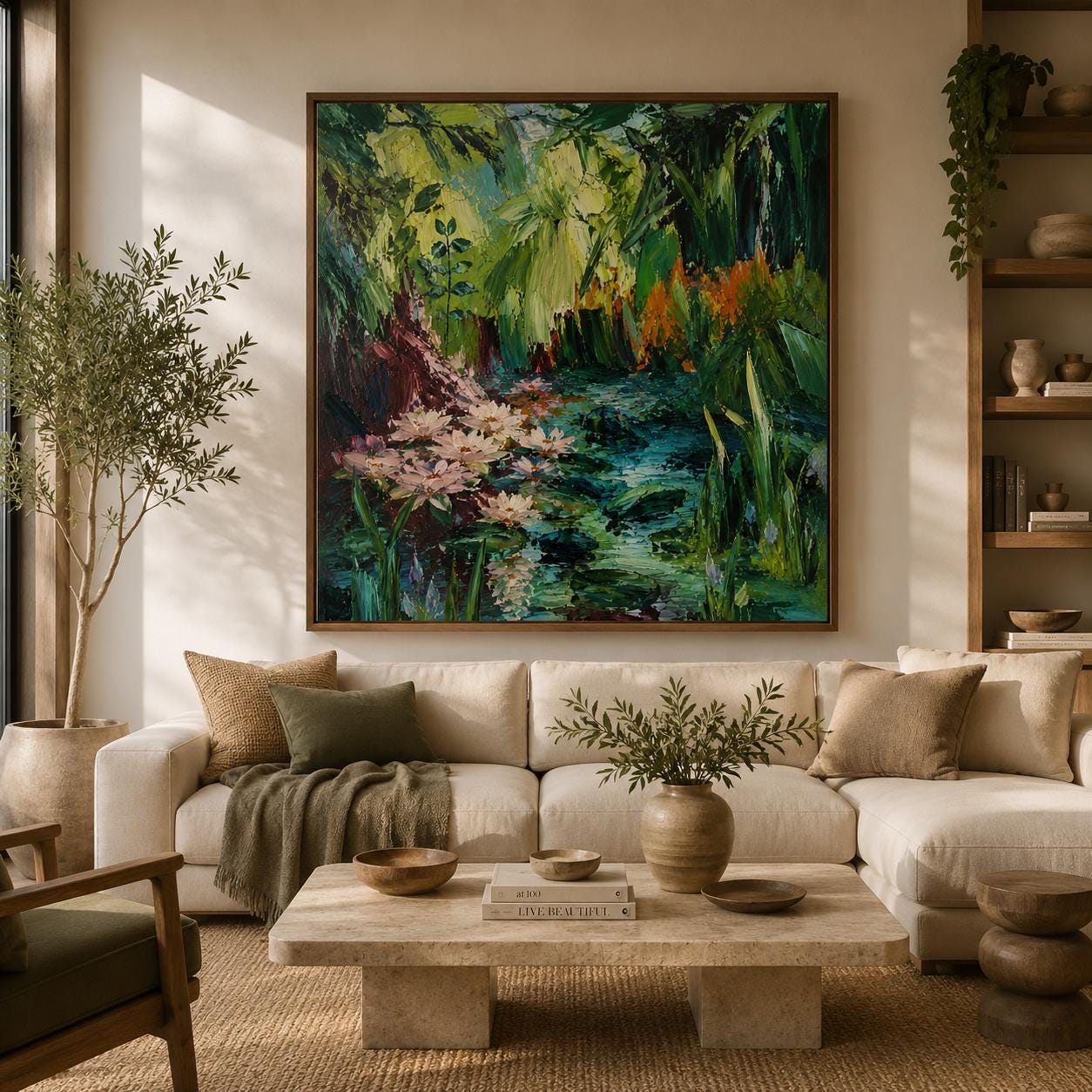 Serene Garden Painting, Emerald Maroon Wall Art, Impressionist Canvas, Living Room Artwork, Bohemian Decor