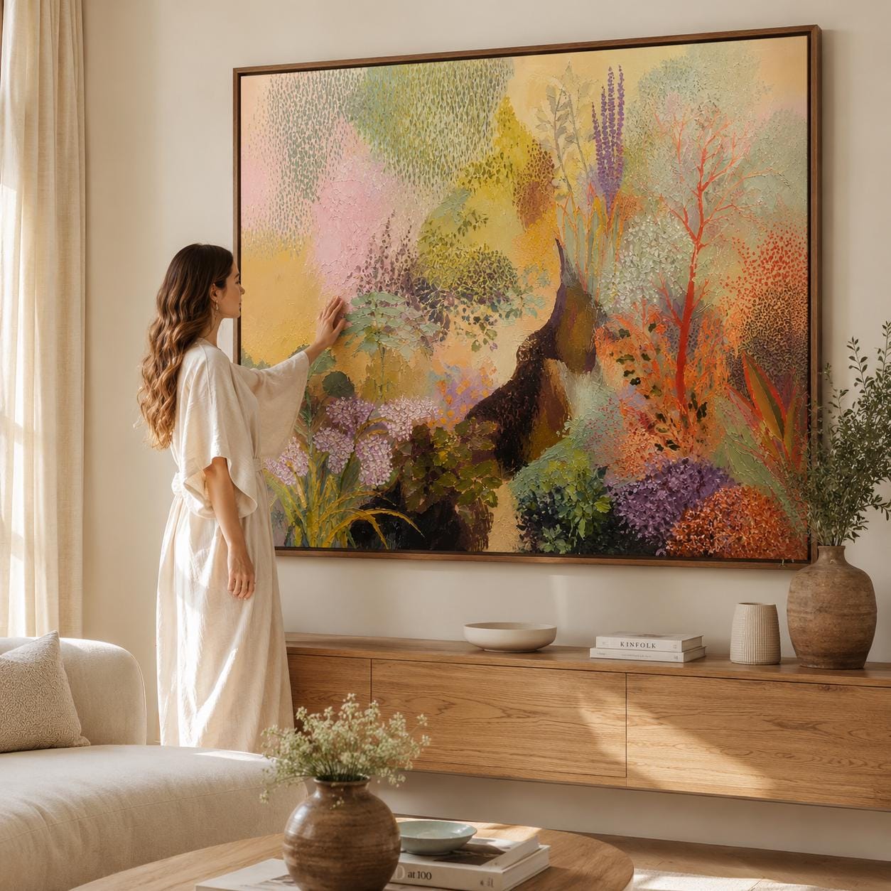 Textured Botanical Landscape Painting, Pastel Pink Sage Impressionist Canvas Artwork