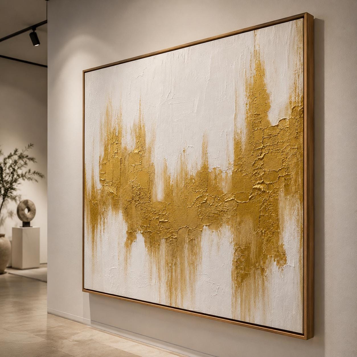 Gold Abstract Textured Painting, White Gold Wall Art, Luxury Modern Canvas Artwork, Metallic Impasto Painting
