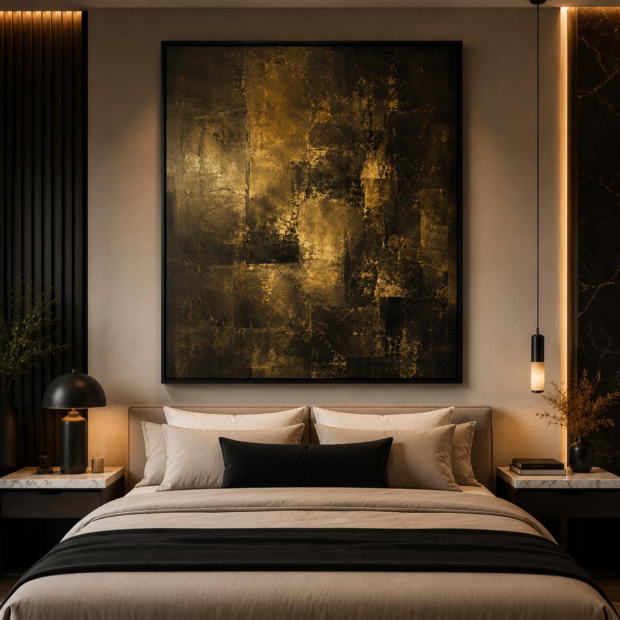 Luxury Black Gold Abstract Painting, Dark Metallic Wall Art, Textured Impasto Canvas, Modern Gold Abstract Artwork, Elegant Statement Decor