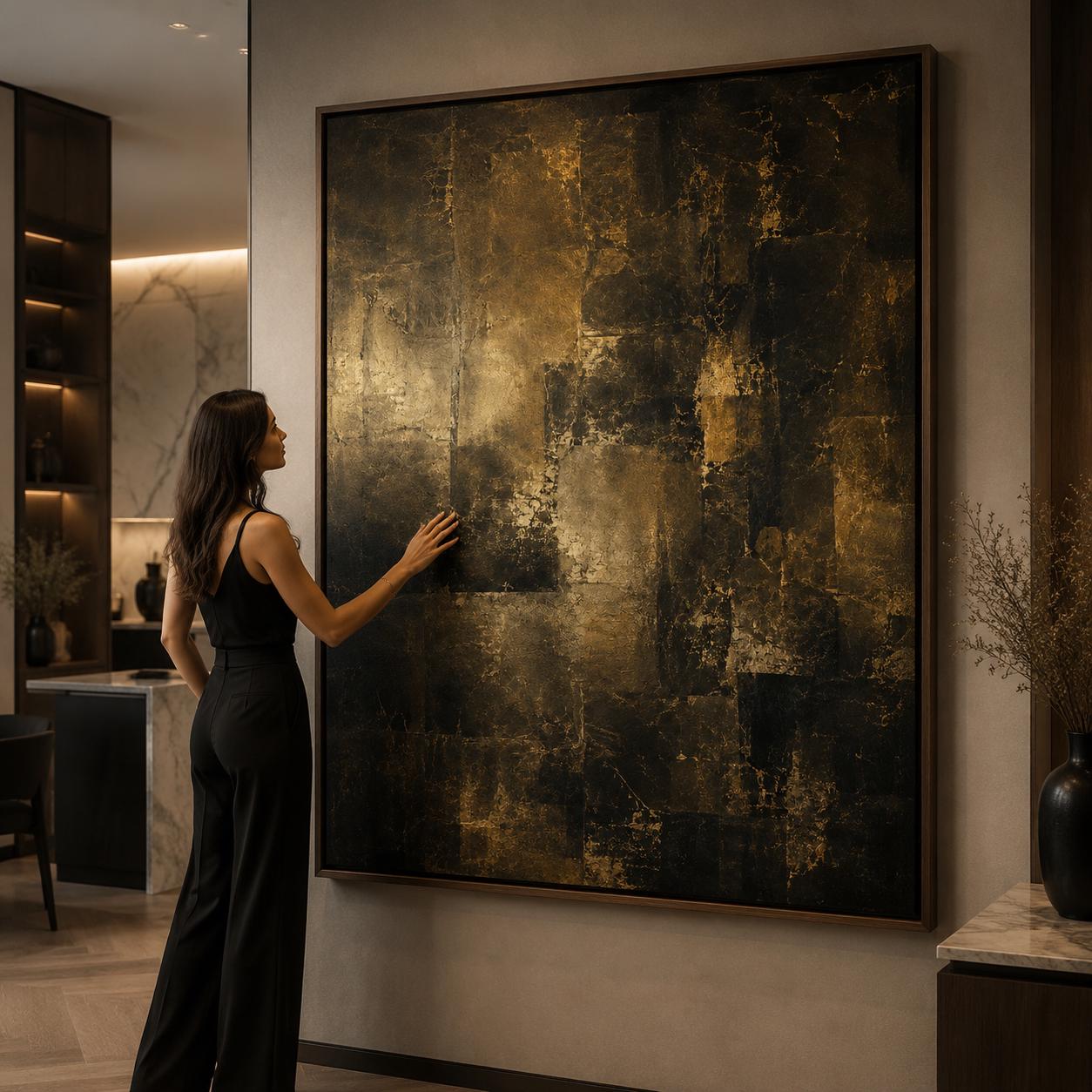 Luxury Black Gold Abstract Painting, Dark Metallic Wall Art, Textured Impasto Canvas, Modern Gold Abstract Artwork, Elegant Statement Decor