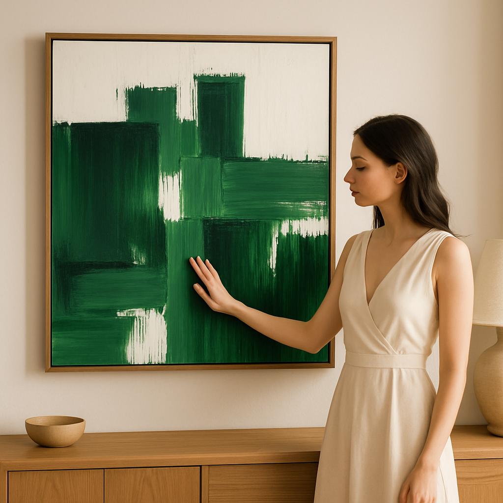 Textured Forest Green Geometric Abstract Canvas Art, Minimalist Living Room Painting