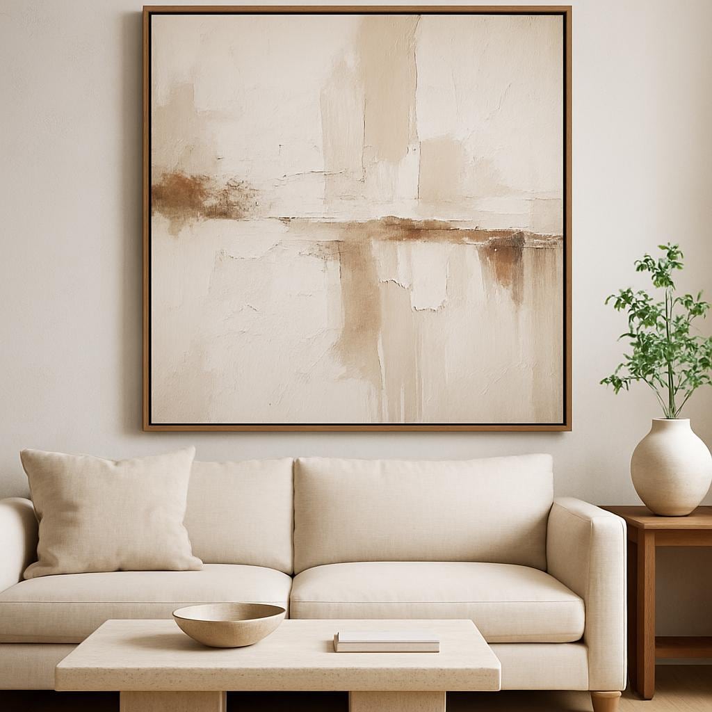 Handmade Textured Abstract Painting, Earthy Beige Living Room Wall Art