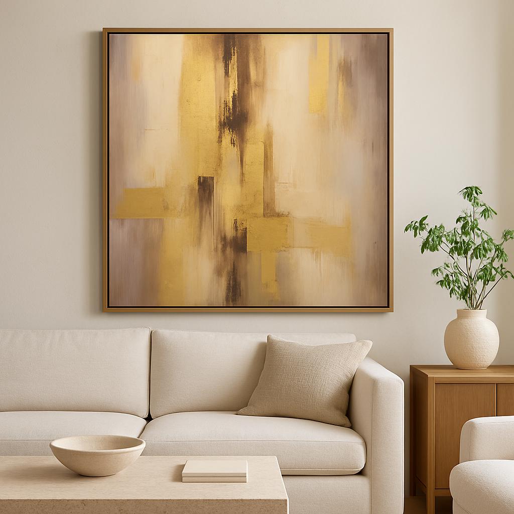 Handmade Gold Textured Abstract Painting, Geometric Living Room Artwork