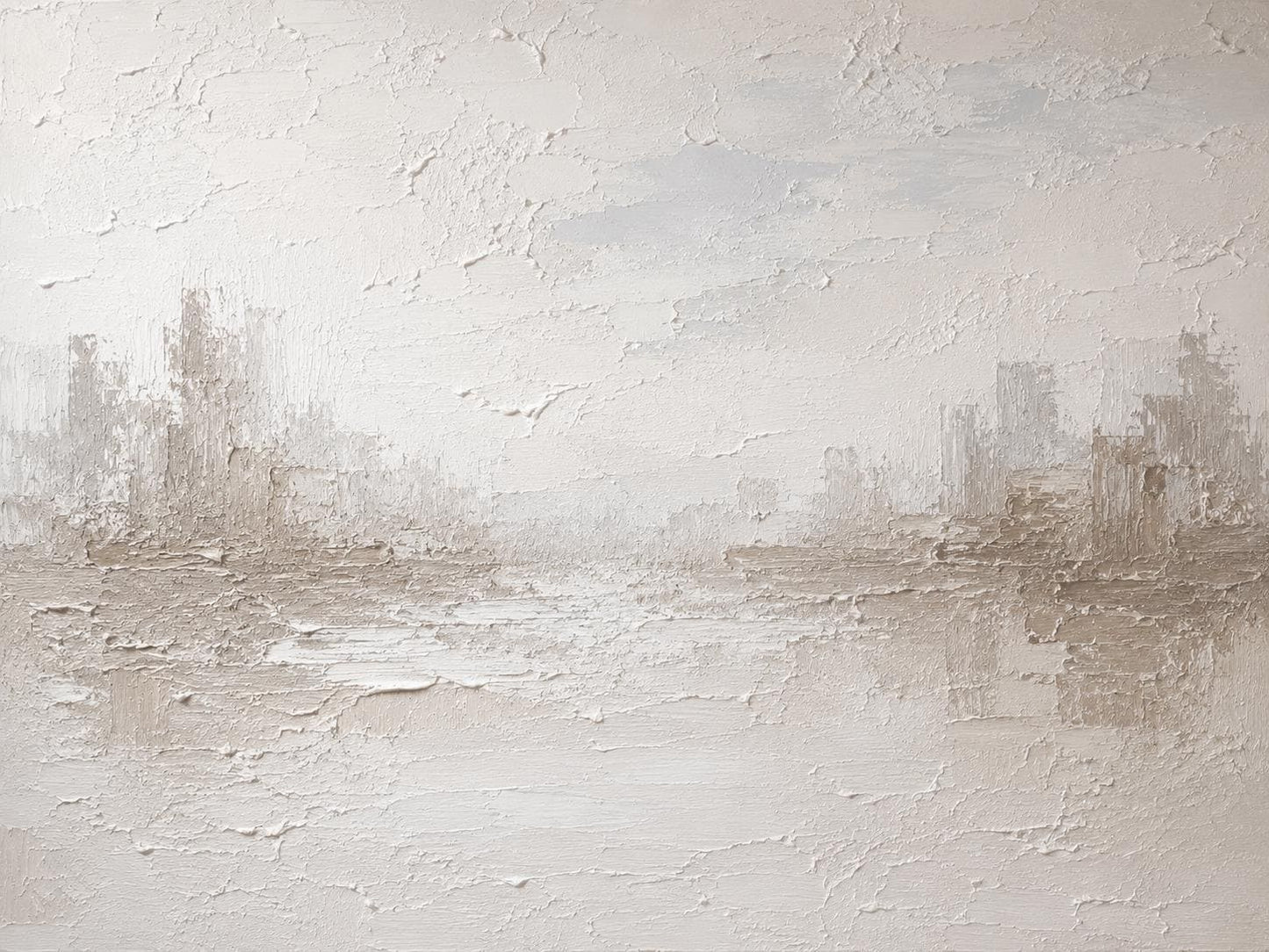 Handmade Textured Cityscape Painting, Warm Beige Abstract Canvas Art