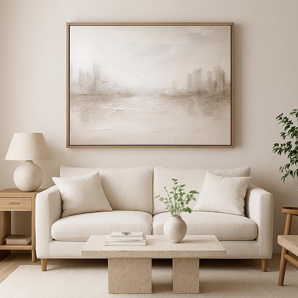 Handmade Textured Cityscape Painting, Warm Beige Abstract Canvas Art