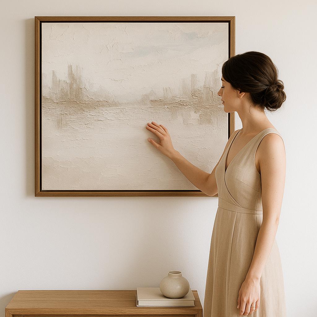 Handmade Textured Cityscape Painting, Warm Beige Abstract Canvas Art