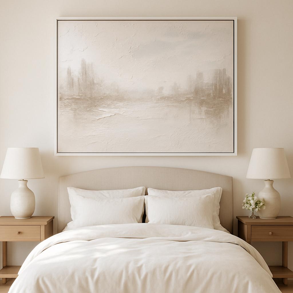Handmade Textured Cityscape Painting, Warm Beige Abstract Canvas Art