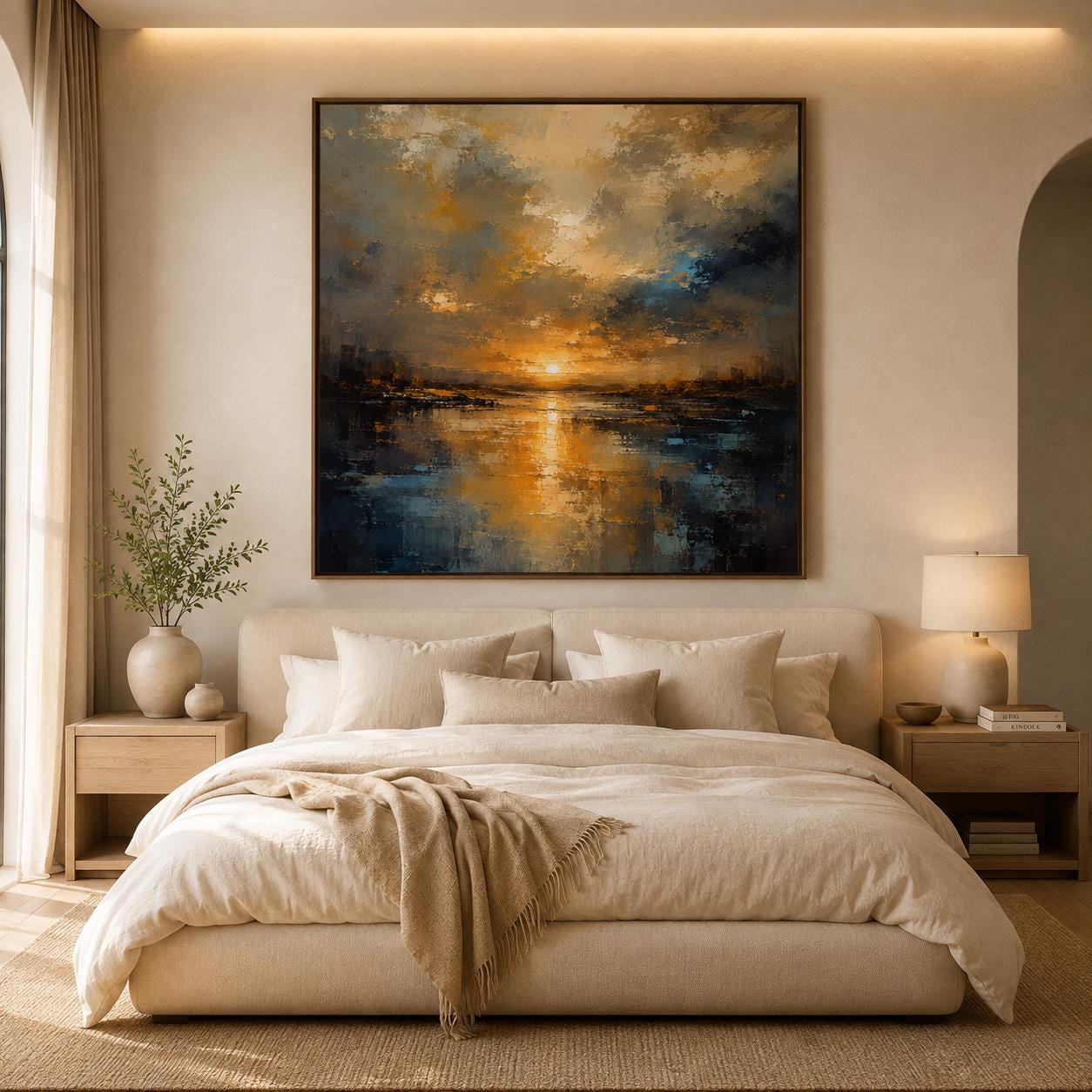Abstract Impressionism Sunset Canvas, Textured Ochre Cobalt Wall Art