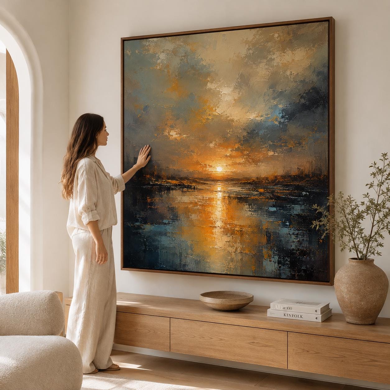 Abstract Impressionism Sunset Canvas, Textured Ochre Cobalt Wall Art