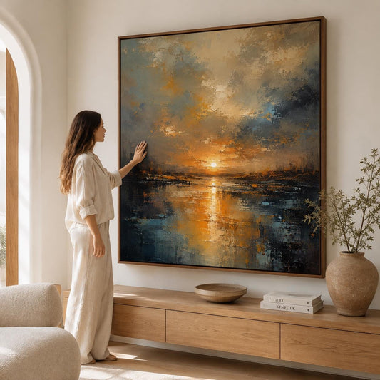 Abstract Impressionism Sunset Canvas, Textured Ochre Cobalt Wall Art