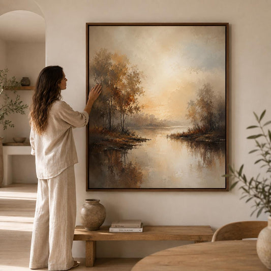 Impressionist River Landscape Painting, Warm Ochre Grey Canvas Art, Cottagecore Living Room Decor