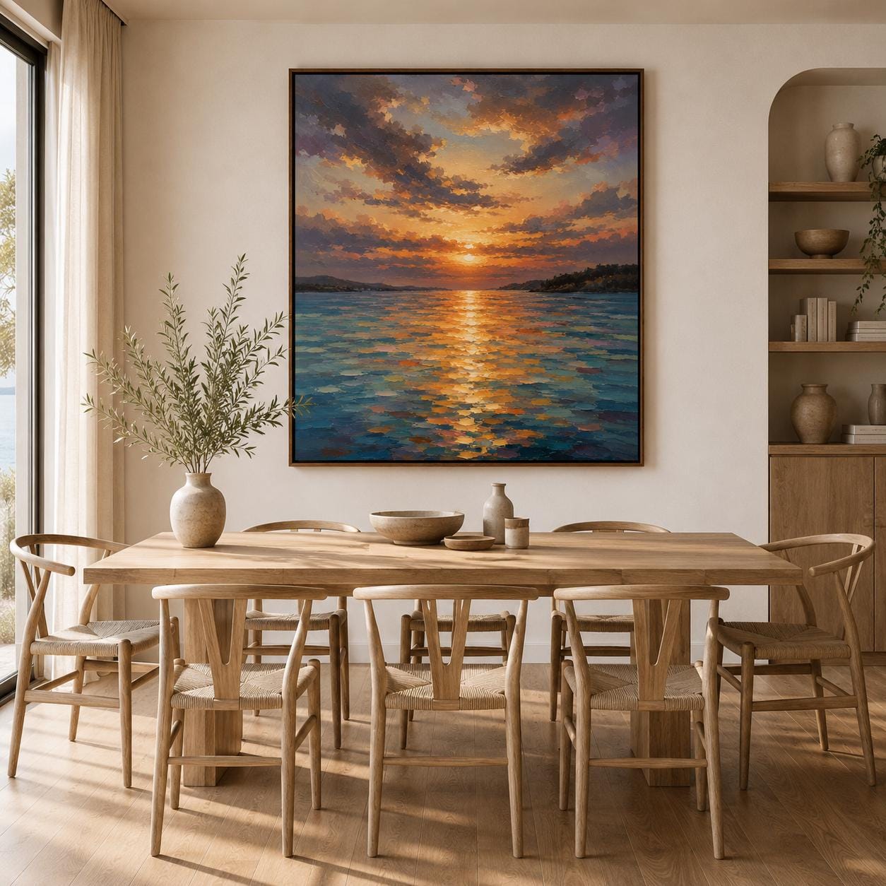 Impressionist Sunset Sea Canvas Art, Textured Orange Coastal Wall Decor