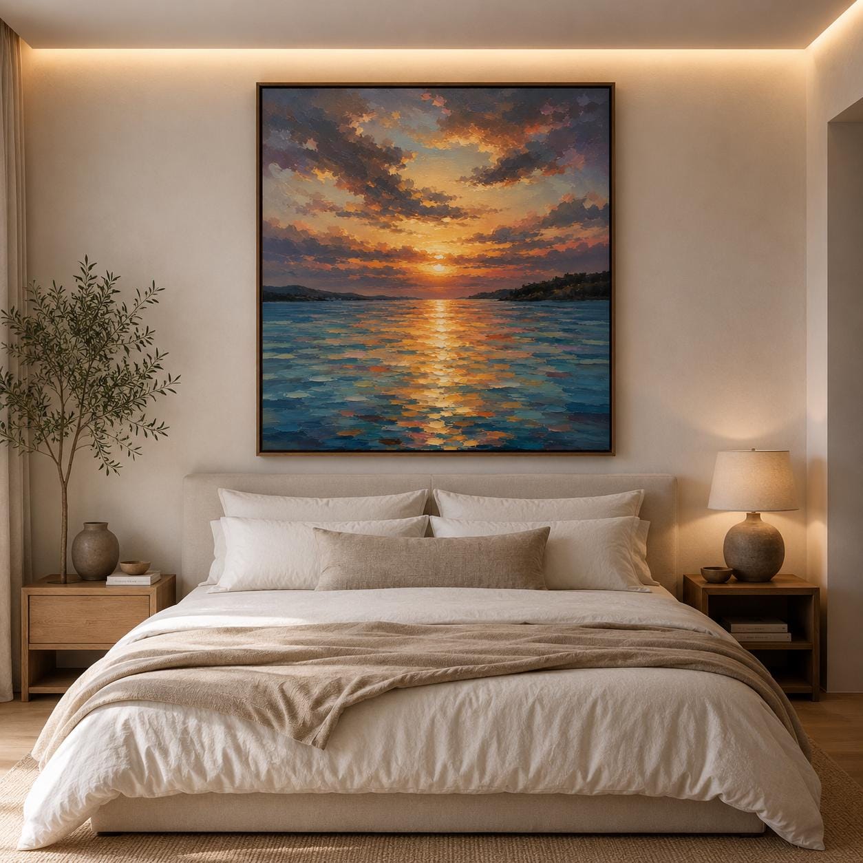 Impressionist Sunset Sea Canvas Art, Textured Orange Coastal Wall Decor