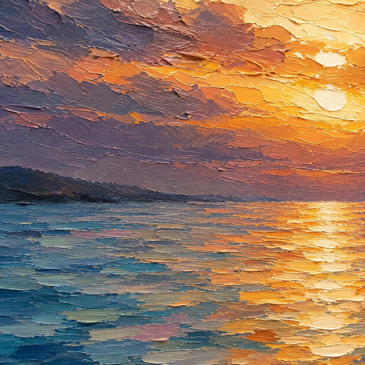 Impressionist Sunset Sea Canvas Art, Textured Orange Coastal Wall Decor