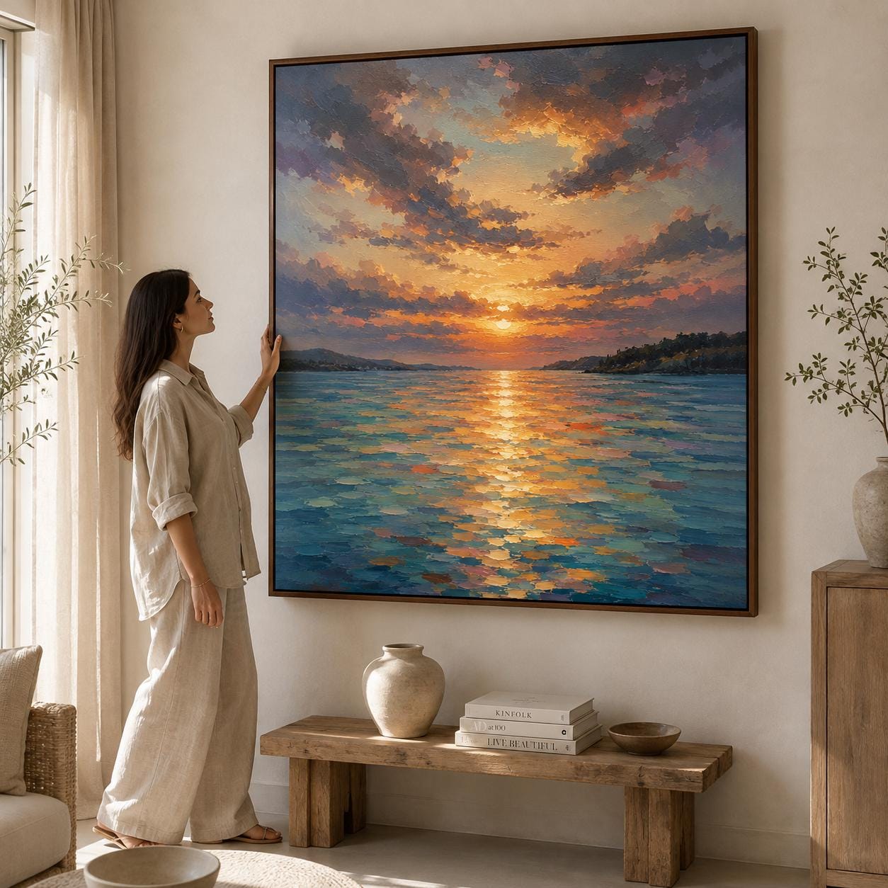 Impressionist Sunset Sea Canvas Art, Textured Orange Coastal Wall Decor