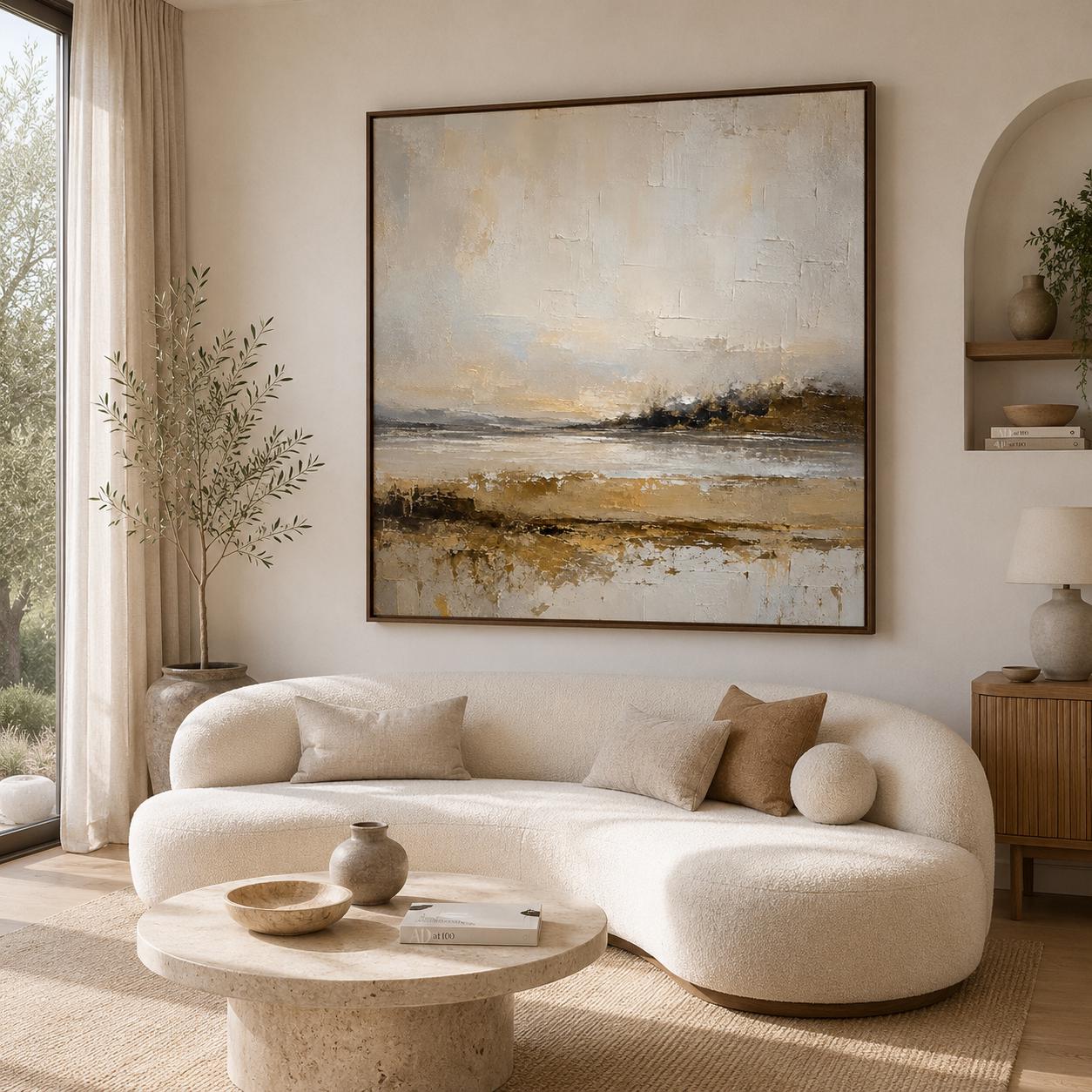 Textured Abstract Landscape Painting, Earthy Beige Impasto Canvas Art