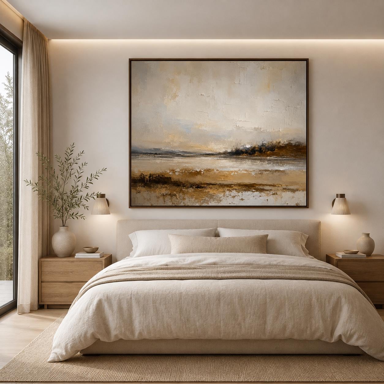Textured Abstract Landscape Painting, Earthy Beige Impasto Canvas Art