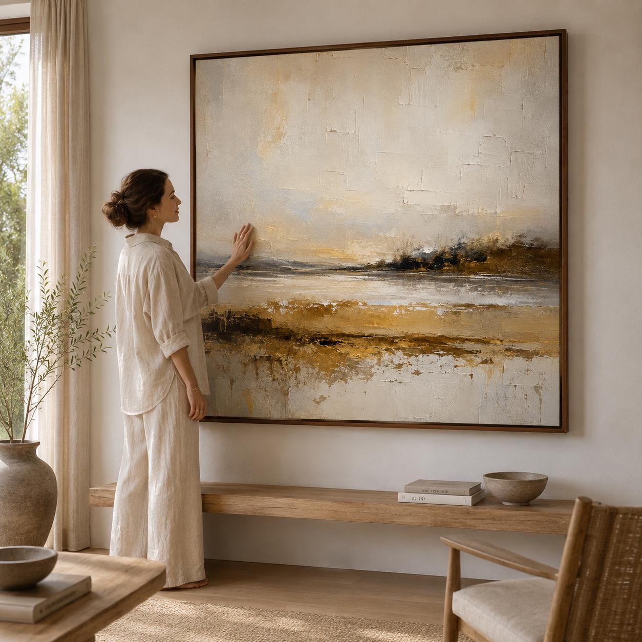 Textured Abstract Landscape Painting, Earthy Beige Impasto Canvas Art
