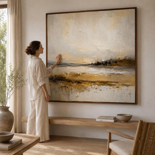 Textured Abstract Landscape Painting, Earthy Beige Impasto Canvas Art