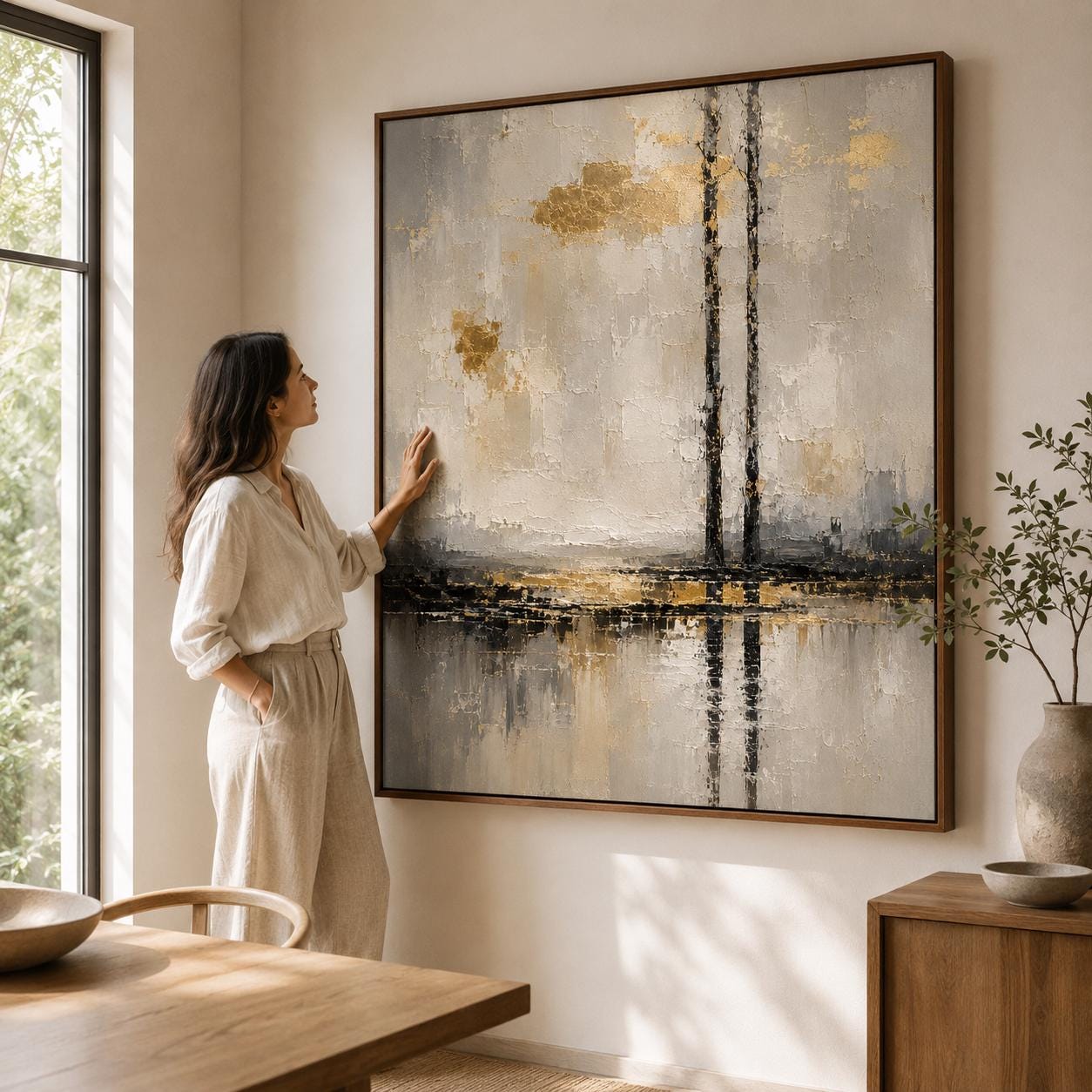 Abstract Vertical Lines Canvas Art, Gold Reflective Textured Painting, Modern Minimalist Decor