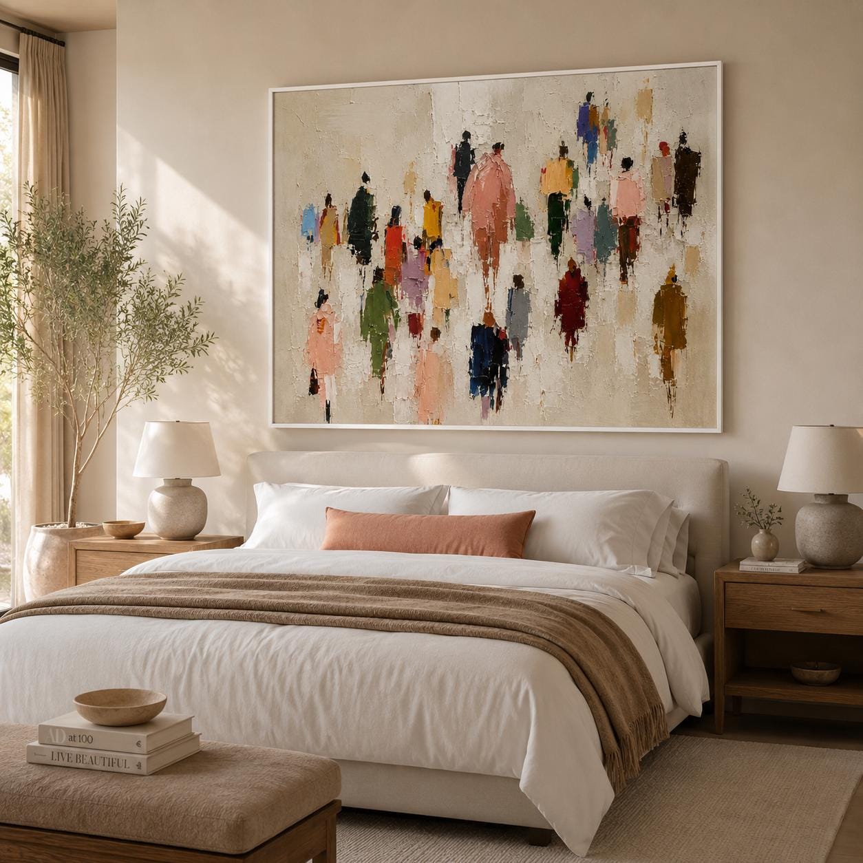 Vibrant Abstract Figures Painting, Muted Pink Dynamic Wall Art, Impressionist Canvas, Living Room Artwork, Urban Chic Decor