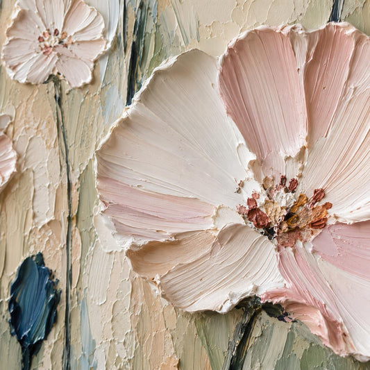 Serene Floral Painting, Soft Pink & Blue Textured Wall Art, Impressionist Canvas, Dining Room Artwork, Cottagecore Decor
